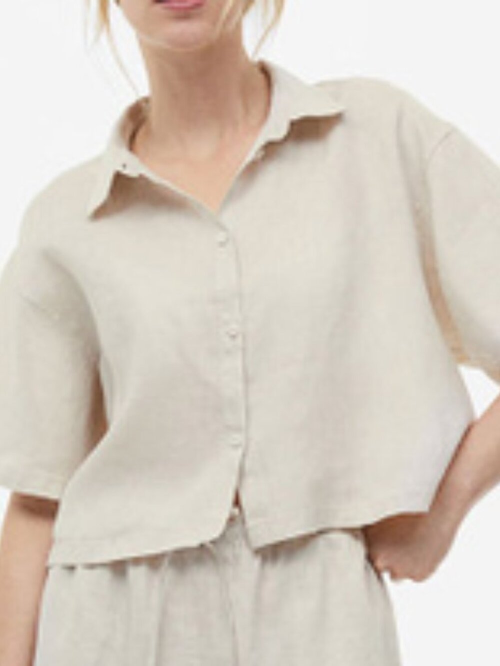 Cropped Short Sleeve Linen Shirt by H&M - Light Beige - XS